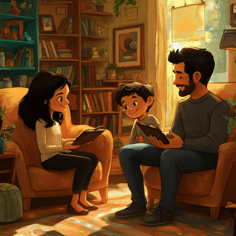 Parent and child laughing during a fun chat on the couch