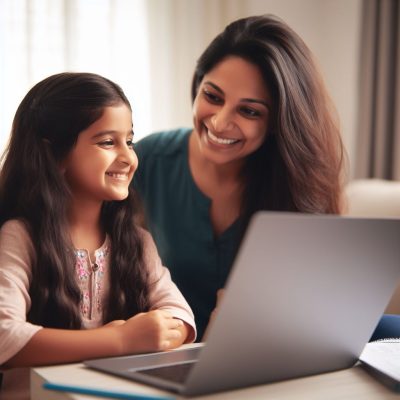 Child under supervision of her mother during online session